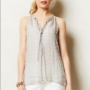 Anthropologie Gray Sheer Embroidered Top